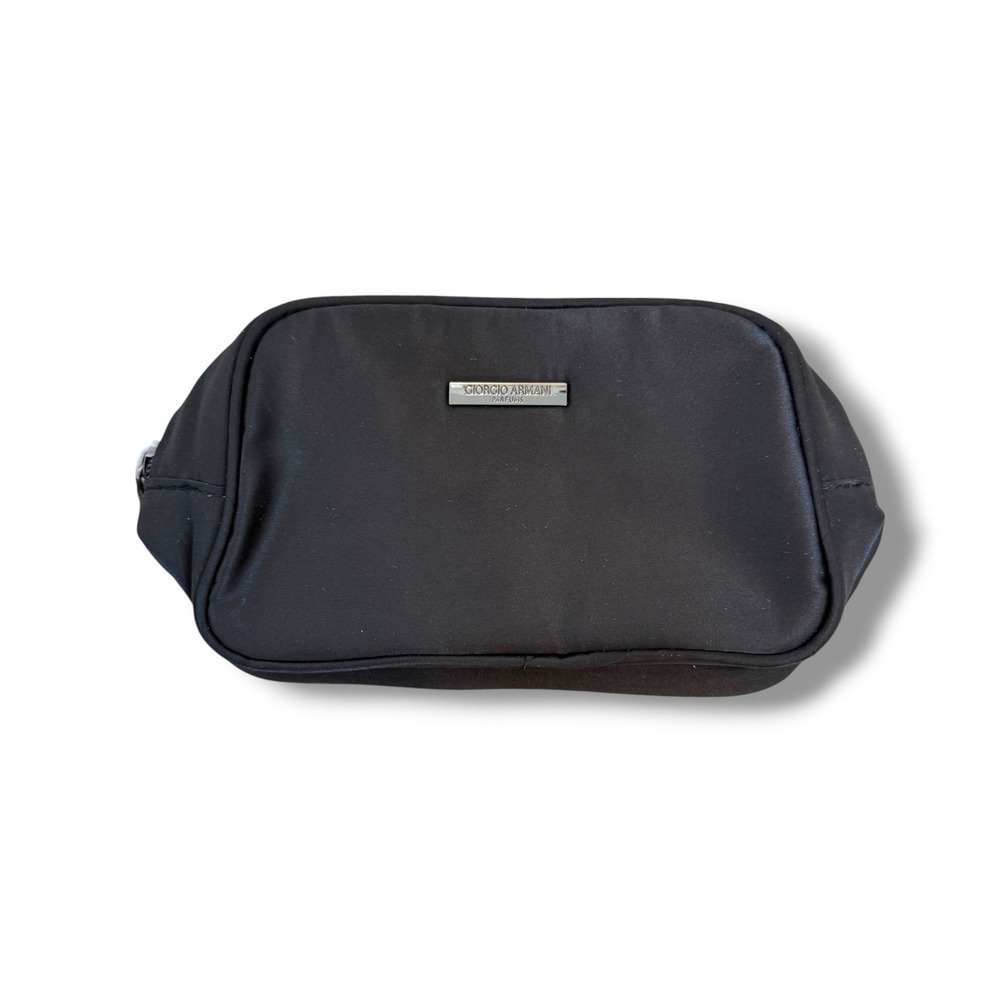 Giorgio Armani Parfums Cosmetic Bag Black Satin Logo Zipper Travel Makeup Pouch